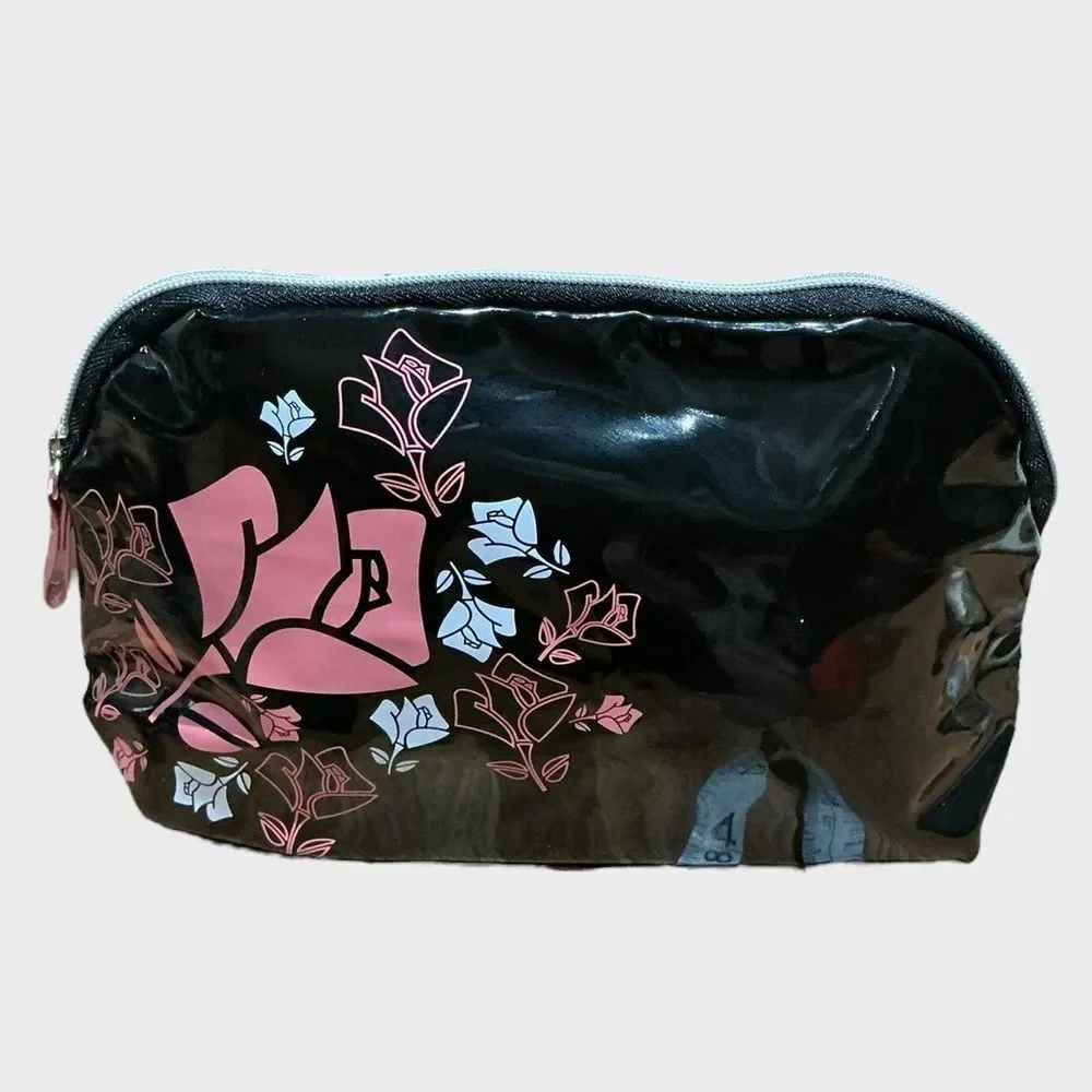 Lancôme Patent Floral Makeup Bag Cosmetic Pouch Travel Case Black Pink